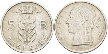 БЕЛЬГИЯ 5 ФРАНКОВ 1950 BELGIE KM 135.1 медно-никель 213-414