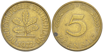ФРГ 5 ПФЕННИГОВ 1972 F KM 107, J. 382 сталь плакированная латунью 4181-934