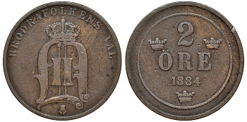 Швеция 2 эре 1884 Оскар II (1872-1907) король Швеции и Норвегии, закрытая четверка KM 746 бронза 62-241