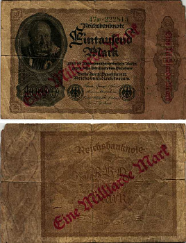 Германия 1000000000 марок 1923 сентябрь 1923, диагональная красная надпечатка на 1000 марок 1922 Pick 113a бумага 7183-64-1-1