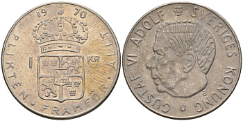 Швеция 1 крона 1970 U, Густав VI Адольф (1950-1973) KM 826a медь плакированный медно-никелем 4150-316