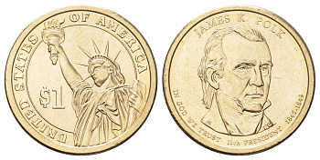 США 1 доллар 2009 Президент США - Джеймс Нокс Полк (1845-1849) KM 452 медь с марганцево-латунным покрытием UNC 4699-914