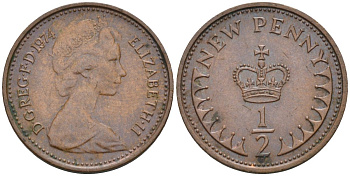 Великобритания 1/2 пенни 1974 Елизавета II (1952-2022) KM 914, Spink 4239 бронза 4115-662