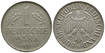 ФРГ 1 МАРКА 1962 G KM 110, J. 385 медно-никель 41-1151