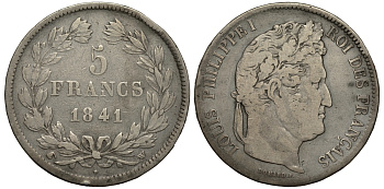 Франция 5 франков 1841 W, Луи Филипп I (1830-1848) KM 749.13 серебро 1517-1522