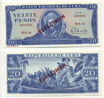 Куба 20 песо 1978 ESPECIMEN, диагональная красная надпечатка, серия DА01, номер 000000 Pick 105s бумага UNC (пресс) 448-8-3