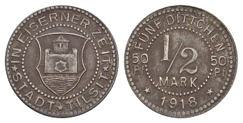 Тильзит (сейчас - Советск) 1/2 марки 1918 Funck 540.2, Men18 31302.2 железо 1517-1412