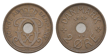 Дания 2 эре 1937 N, Кристиан X (1912-1947) KM 827 бронза 4658-247