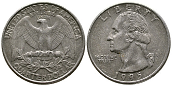 США 25 центов (квотер) 1995 Р, Вашингтон КМ А164а медь плакированная медно-никелем 56-1227