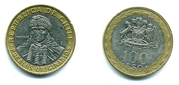 Чили 100 песо 2010 индейцы Мапуче KM 236 биметалл 41-341