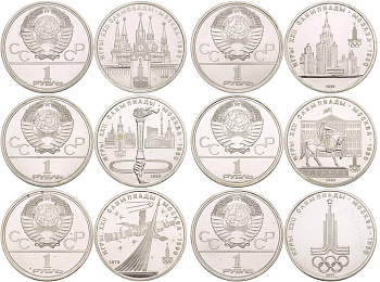 СССР набор из 6 монет по 1 рублю 1977-1980 Олимпиада 80, полный комплект (эмблема, Кремль, спутник, МГУ, факел, Долгорукий), в запайках KM 144, 153.1, 164, 165, 177, 178 медь никель цинк UNC 4542-221