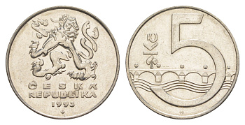 Чехия 5 крон 1993 чешский лев, Карлов мост KM 8 сталь плакированная никелем 4529-631