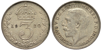 Великобритания 3 пенса 1920 Георг V (1910-1936), пограничный год KM 813 или 813a, Spink 4015 или 4026 серебро 4528-528