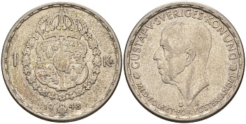 Швеция 1 крона 1948 TS, Густав V (1907-1950) KM 814 серебро 4148-1053