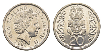Новая Зеландия 20 центов 2008 Елизавета II (1952-2022), идол Пукаки KM 118a сталь плакированная никелем UNC 4588-218