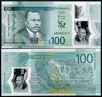 Ямайка 100 долларов 2022 60-я годовщина независимости, Маркус Гарви, водопад Даннс-Ривер Pick 97  пластик  UNC (пресс) 449-90-1