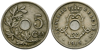Бельгия 5 сантимов 1905 Belgie KM 55 медно-никель 4173-125
