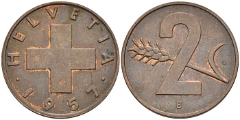 Швейцария 2 раппена 1957 В KM 47 бронза 4591-1147