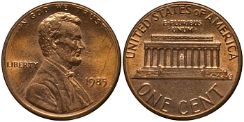 США 1 ЦЕНТ 1985 ЛИНКОЛЬН KM 201b цинк плакированный медью 4547-727