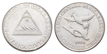 Никарагуа 25 сентаво 1994 голубь мира KM 82 хромированная сталь UNC 4625-222