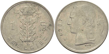 БЕЛЬГИЯ 1 ФРАНК 1957 BELGIE, БОДУЭН I (1951-1993) KM 143.1 медно-никель 119-545