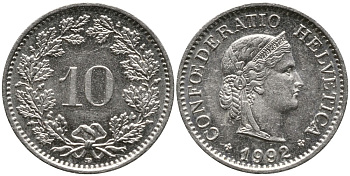 ШВЕЙЦАРИЯ 10 РАППЕНОВ 1992 В KM 27 медно-никель 4539-534