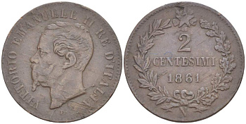 ИТАЛИЯ 2 ЧЕНТЕЗИМО 1861 N, МОНДВОР НЕАПОЛЬ, ВИКТОР ЭММАНУИЛ II (1861-1878) KM 2.2 медь 4182-1215