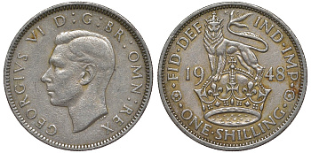 Великобритания 1 шиллинг 1948 Георг VI (1936-1952), Английский герб KM 863, Spink 4103 медно-никель 4128-737