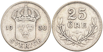 Швеция 25 эре 1930 G, Густав V (1907-1950) KM 785 серебро 4380-1025