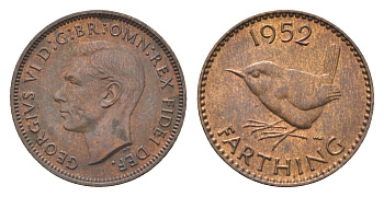 Великобритания 1 фартинг 1952 Георг VI (1936-1952) KM 867, Spink 4119 бронза aUNC 4664-361