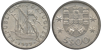 Португалия 5 эскудо 1977 парусник KM 591 медно-никель 4122-343