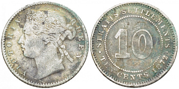 Стрейтс-Сетлментс 10 центов 1872 Виктория (1837-1901) KM 11 серебро 112-1046