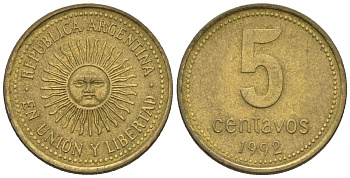 Аргентина 5 сентаво 1992 майское солнце KM 109, CJ 2, Schon 109 алюминиевая бронза 4609-1239