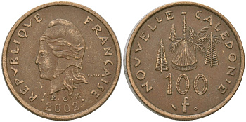 Французская Новая Каледония 100 франков 2002 хижина среди сосен и пальм, (IEOM) KM 15, Schoen 16, Lec 139f никель латунь 4144-1232