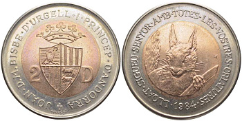 Андорра 2 динера 1984 серия сохраним наш мир, белка, тираж 5000 экз. KM 20 биметалл UNC 1525-942