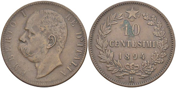 Италия 10 чентезимо 1894 R, Умберто I (1878-1900) KM 27.2 медь 4526-1011