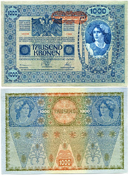 АВСТРИЯ 1000 КРОН 1919 КРАСНАЯ ГОРИЗОНТАЛЬНАЯ НАДПЕЧАТКА НА 1902 Pick 60 бумага 2192-66-1