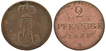 Ганновер 2 пфеннига 1838 A, Эрнст Август (1837-1851) KM 174.1, AKS 122, J. 55 медь 75-641