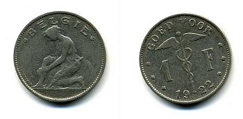 БЕЛЬГИЯ 1 ФРАНК 1922 BELGIE KM 90 никель 58-1221