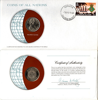 Соломоновы Острова 20 центов 1977 конверт с маркой первого дня гашения, Coins of Nations KM 5 медно-никель UNC 4294-57-1