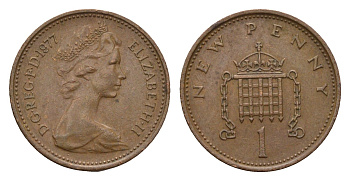 Великобритания 1 пенни 1977 Елизавета II (1952-2022) KM 915, Spink 4237 (B1) бронза 4614-424