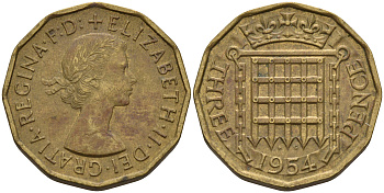 Великобритания 3 пенса 1954 Елизавета II (1952-2022) KM 900, Spink 4153 никель латунь  4603-132