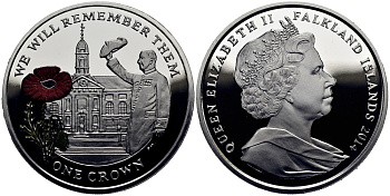 Фолклендские острова 1 крона 2014 в память героев первой мировой войны, Королевский госпиталь Челси, красный мак KM 177a.1 серебро, эмаль  PROOF  1071-2-51