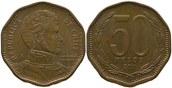 Чили 50 песо 2011 So KM 219.2, Schon 70 алюминиевая бронза 4544-436
