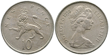 Великобритания 10 пенсов 1976 Елизавета II (1952-2022) KM 912, Spink 4231 (F1) медно-никель  4383-731