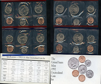 США официальные наборы из 10 монет и 2 жетонов монетного двора 1992 D, P, Джон Кеннеди KM MS 156   UNC  8-2-01-01