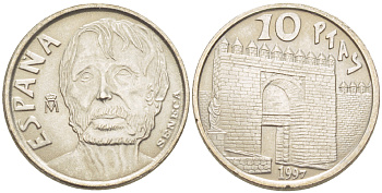 ИСПАНИЯ 10 ПЕСЕТ 1997 ЛУЦИЙ АННЕЙ СЕНЕКА, ДРЕВНЕРИМСКИЙ ФИЛОСОФ, ХУАН КАРЛОС I ( 1975-) KM 982 медно-никель XF- UNC 4181-1046