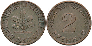 ФРГ 2 ПФЕННИГА 1958 J KM 106, J. 381 бронза 75-434