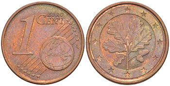 ГЕРМАНИЯ 1 ЕВРОЦЕНТ 2002 D KM 207 сталь плакированная медью 4532-447