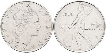 Италия 50 лир 1956 R, бог огня Вулкан у наковальни KM 95.1 нержавеющая сталь 4595-353